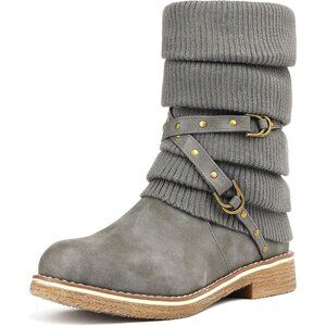 Women's Grey Faux Fur Mid Calf Fashion Winter Snow Boots Rubber Outsole